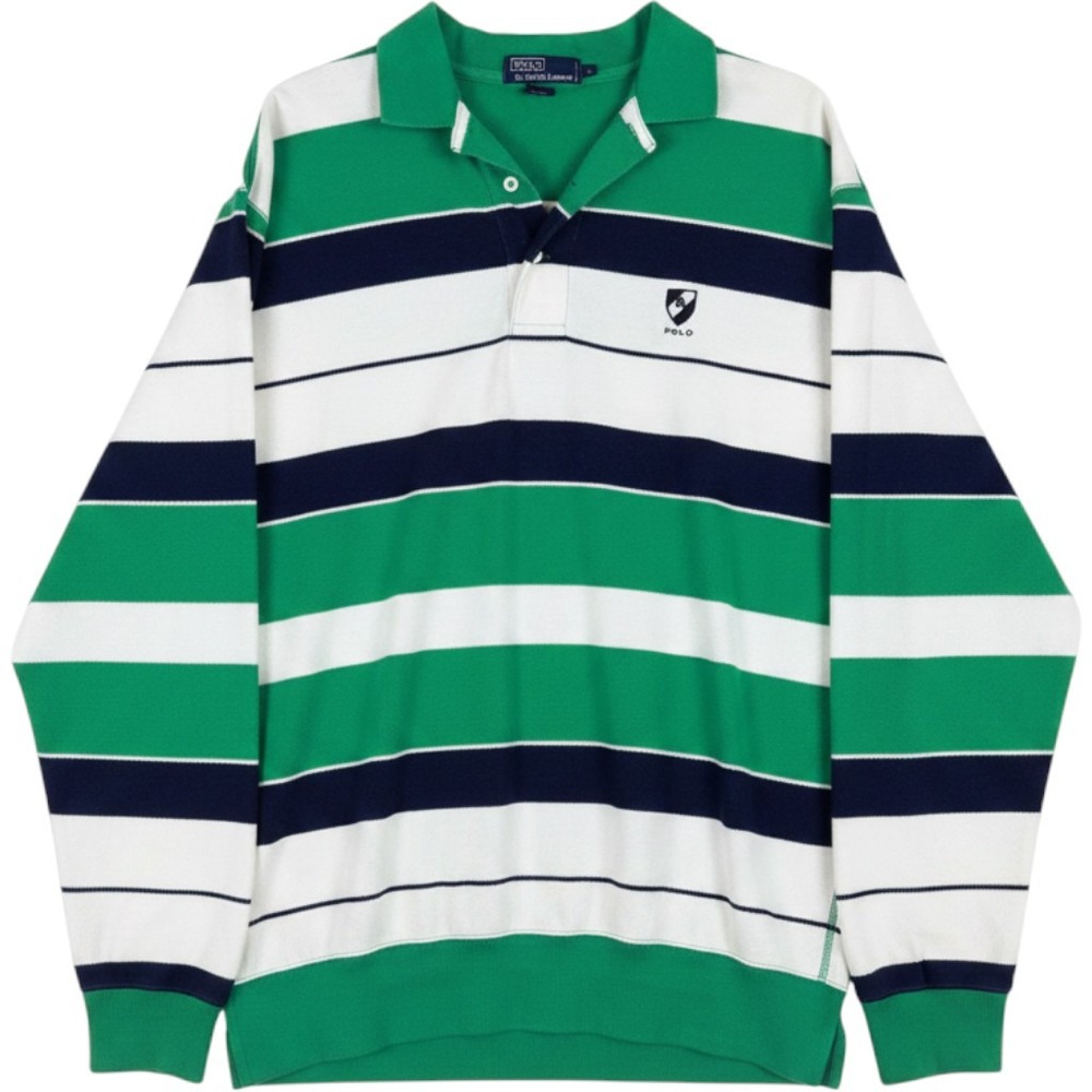 Polo Ralph Lauren Rugby Shirt XL Green Navy White Striped Long Sleeve Preppy